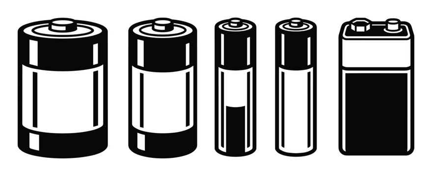 Collection of various battery types vector illustration. Includes AA, AAA, C, D, and 9-volt batteries in black and white.