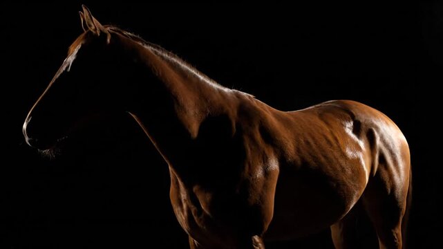 A majestic horse stands proudly in a dramatic studio setting with dramatic lighting highlighting its muscular physique from a side profile viewpoint.