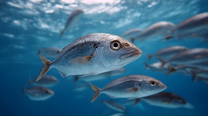 Fototapeta premium A school of shimmering silver fish swims in formation through the clear sunlit blue waters of the ocean showcasing marine wildlife in its natural