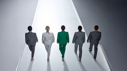 Obraz premium Professionals in business suits walking on white minimalist platform path. High angle view. Corporate leadership team concept for marketing, business innovation and strategy design assets. Leadership.