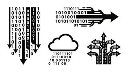 Data stream and cloud computing concept with binary code icons for digital information flow. Vector illustration.