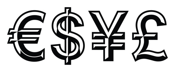Obraz premium Currency symbols including euro, dollar, yen, and pound in bold black and white design, exchange concept.