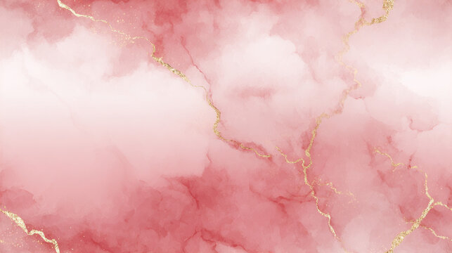 Rose quartz watercolor marble background with soft pink gradients and delicate gold vein accents, luxurious abstract texture perfect for elegant branding, beauty products, invitations and premium desi