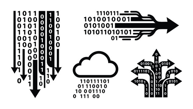 Data stream and cloud computing concept with binary code icons for digital information flow. Vector illustration.