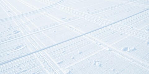 A vast expanse of snow covers the ground with visible tire tracks and footprints scattered across the surface in a grid like pattern.