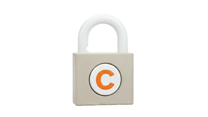 Padlock with orange letter C on white background