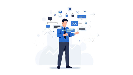 Fototapeta premium Businessman analyzing flowchart, planning strategy, workflow visualization
