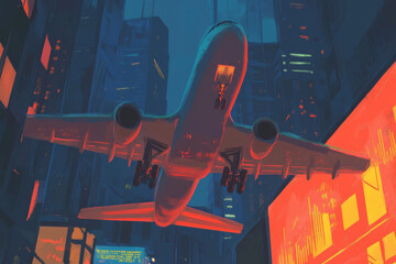Commercial airplane landing at night with blurred city lights and stock market data in the background. A modern passenger jet descends towards a runway, illuminated by vibrant, out-of-focus urban.