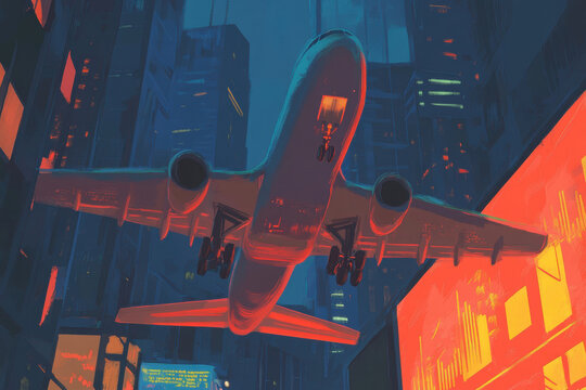 Commercial airplane landing at night with blurred city lights and stock market data in the background. A modern passenger jet descends towards a runway, illuminated by vibrant, out-of-focus urban. - Powered by Adobe