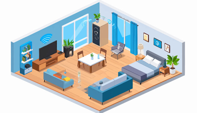 Contemporary smart home interior with integrated technology, isometric view depicting a connected living room, dining area, and bedroom for modern living