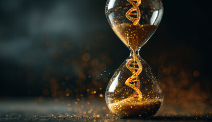 Hourglass with flowing golden sand and embedded dna double helix symbol, representing the passage of time and genetic science, in a dark background