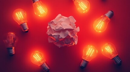 16.An overhead shot of a crumpled paper ball with several glowing light bulbs positioned around it. The red background enhances the idea of a creative breakthrough or the moment of inspiration that