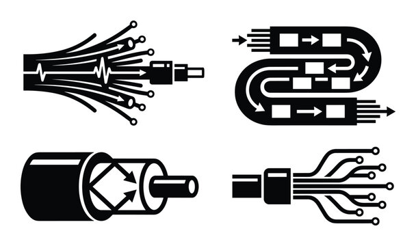 Fiber optic cable icons showing data flow and communication technology in a vector diagram.