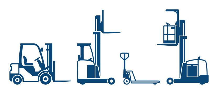 Forklift trucks set vector illustration. Includes heavy vehicles collection, warehouse equipment icons in blue color design.