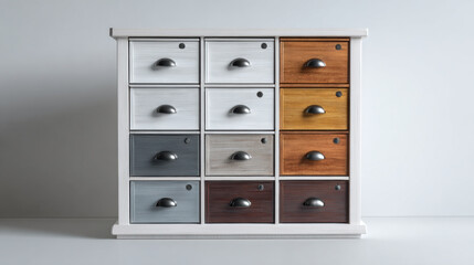 Wood cabinet small drawer storage unit metal handle color variation white wood grey wood brown wood home decor interior design Compact wood cabinet with small drawer storage unit and metal handle