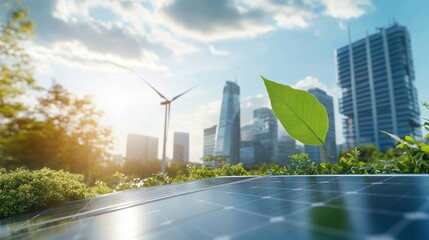 56.Clean Energy for Transportation. Wind Turbine and Solar Panel. Green Leaf Blowing in Sky. Renewable Energy to Businesses, People, and Smart City. New Generation of Power. Clean and Environmental