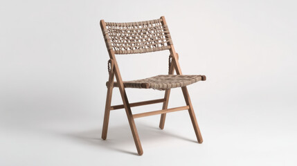 Wooden chair woven seat folding chair wicker chair rustic furniture minimalist design modern chair interior decor natural material neutral color Wooden chair with woven seat and folding frame