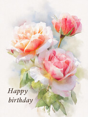 Rose flower birthday greeting watercolor pastel blossom pink card romantic Soft watercolor rose flower birthday greeting card with pastel blossom pink romantic petals and gentle leaves for elegant