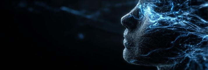 Human face profile with glowing blue digital connections and network patterns