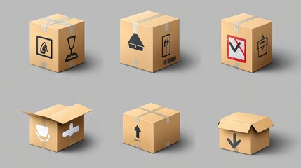 Fototapeta premium 92.3D Cardboard Box Icon Set with Symbols Isolated on Gray Background. Render Delivery Cargo Box with Fragile Care Sign Symbol, Handling with Care, Protection from Water Rain. 3D Realistic Vector