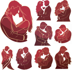 Valentine Romantic Couple Silhouette Collection with Heart Icons