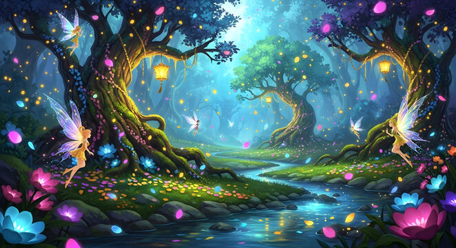 Enchanted forest with fairies flying around glowing flowers and trees during spring festival