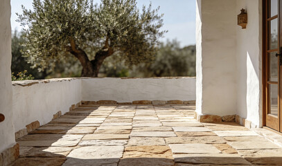 Sunlit Mediterranean terrace with stone tile flooring, white stucco walls, and olive tree view in rustic countryside setting
