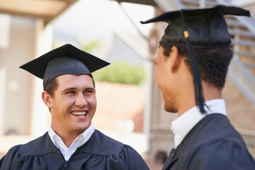 Fototapeta premium Friends, graduation and men at university, outdoor or congratulations for success, goal or education at campus. People, excited and students with talk, smile or celebration for achievement at college