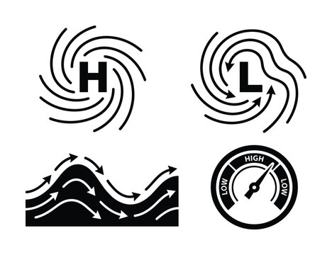 Illustration of weather symbols featuring high, low pressure systems, cyclone icon, atmospheric fronts, and indicator gauge.
