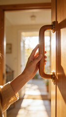 Person opening a wooden door in warm natural light with soft morning sunlight streaming into cozy home interior