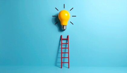 Yellow lightbulb with radiating lines above red ladder on blue wall symbolizing pursuit of creative ideas