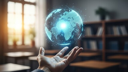 A professional person's hand holds a glowing digital globe with a network overlay against a blurred classroom background.