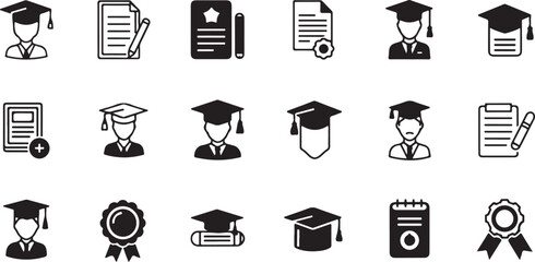 Black and white graduation icons and academic symbols set