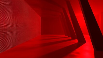 Red futuristic tunnel with metallic wall and angular pillars