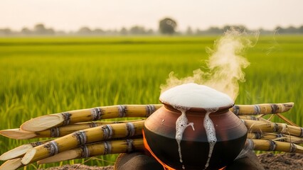 Pongal pot with overflowing milk and sugarcane stalks in a green paddy field