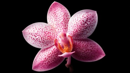 A stunning close-up of a pink orchid flower, showcasing intricate patterns and details against a black background.
