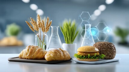 Fresh Bakery Items with Green Plants and Laboratory Equipment in Modern Food Science Setting