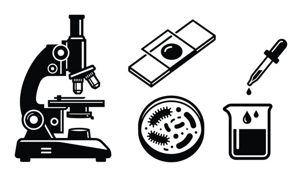 Science laboratory equipment vector icons including microscope, slide, petri dish, dropper and beaker.