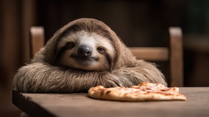 Fototapeta premium A sloth rests its chin on a table, gazing curiously at a slice of pizza placed nearby.