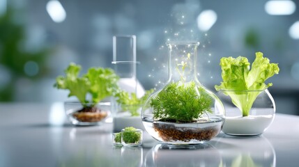 Fresh Green Plants in Laboratory Glassware with Sparkling Effects for Scientific Research and Environmental Sustainability