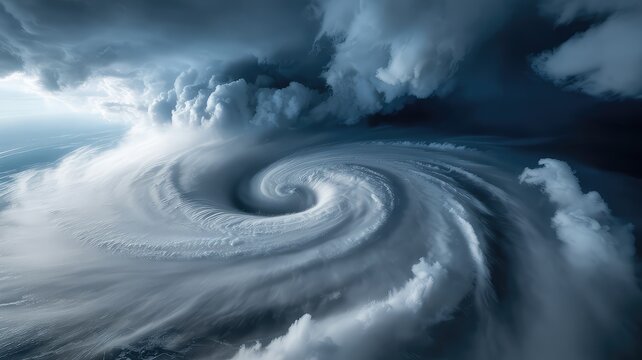 Dramatic aerial view of a powerful hurricane with a clear eye and vast swirling storm clouds - Powered by Adobe