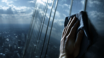 A person is wiping a window with a blue cloth