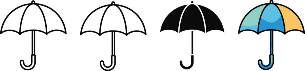 Umbrella icon set with outline, solid and colorful styles, modern weather protection symbols for rain, storm, insurance and forecast design