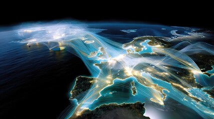 Futuristic Visualization of European Connectivity with Illuminated Network Lines and Data Flow over a Dark Background