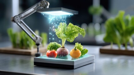 Innovative Smart Hydroponics System with Fresh Vegetables under LED Light in Modern Indoor Garden Setting