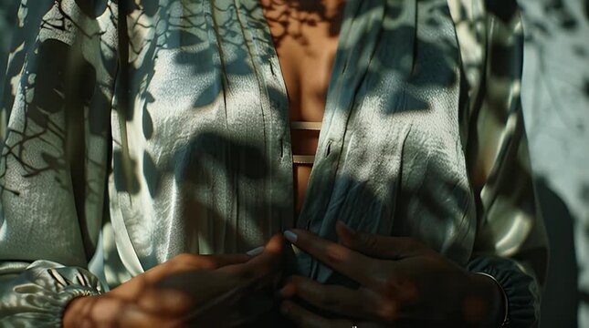 Close-up of a woman's chest adorned with a silky, patterned garment, sunlight casting shadows on her skin