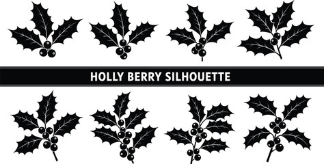 Holly berry silhouette vector set, black holiday icons, Christmas leaf and berry shapes, festive botanical design, winter decoration graphic bundle © Ideasy Mind