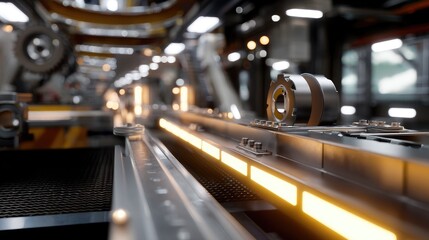 Fototapeta premium Futuristic Industrial Factory Interior with Robotic Arms and Conveyor Belt System in Action