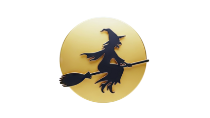 Halloween Witch Silhouette Flying on Broomstick Against Golden Moon