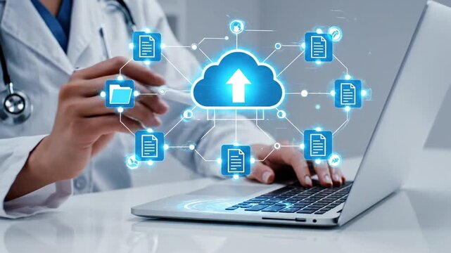 A person uploading data to cloud storage on a laptop